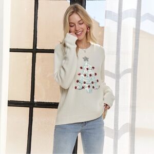 Ivory Sequin Christmas Tree Sweater Holiday Cozy Knit Festive Winter Pullover
